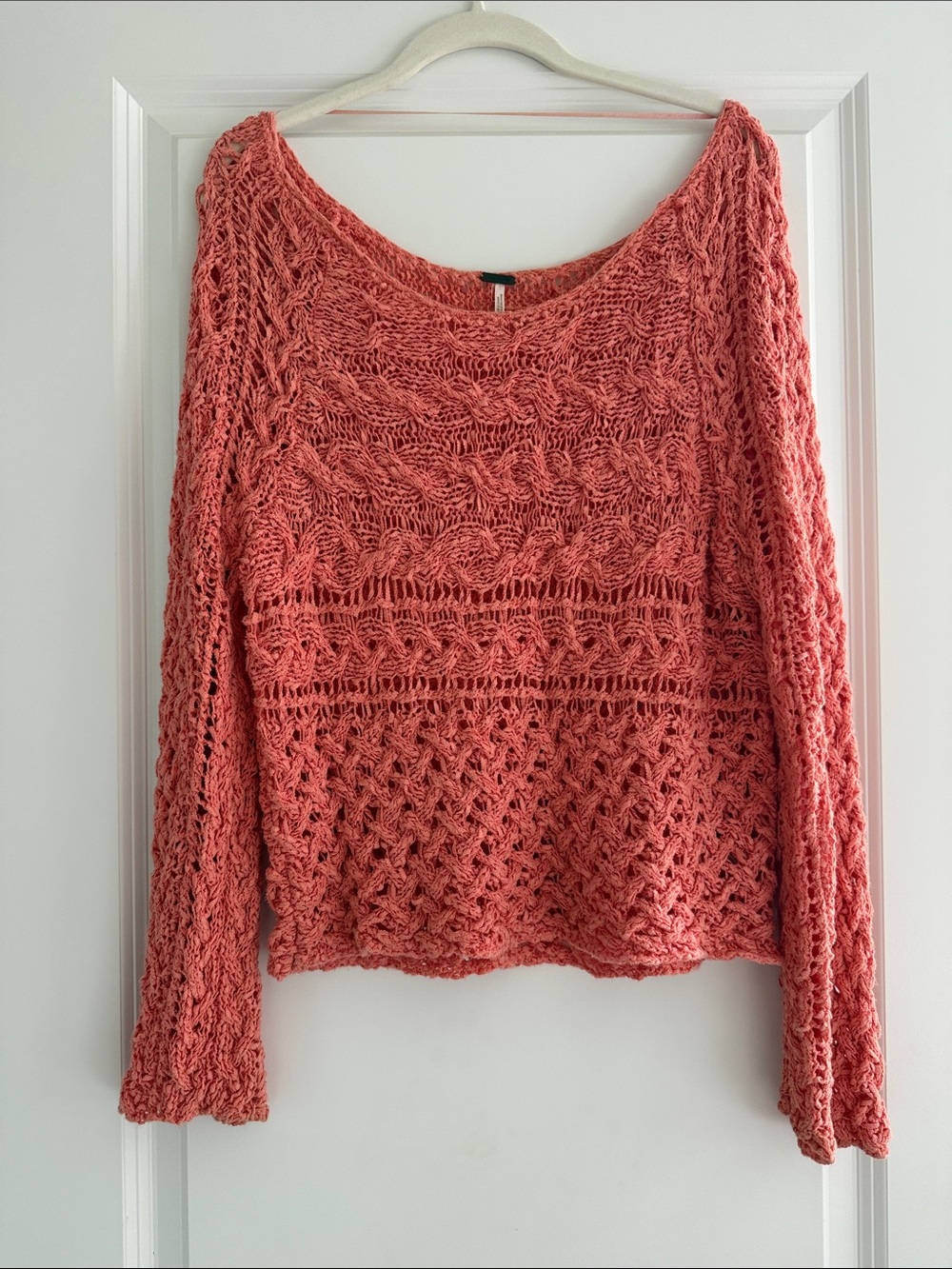 Free People Open-Knit Scoop Neck Sweater in Coral